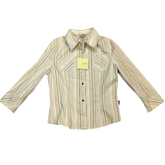CI-PRES Tops - CI-PRES Womens Striped Button Down Shirt Cream Olive Green Size 38 NWT